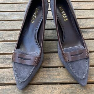 Ralph Lauren Size 7.5 Grey Suede Brown Leather Pointed Toe Pumps